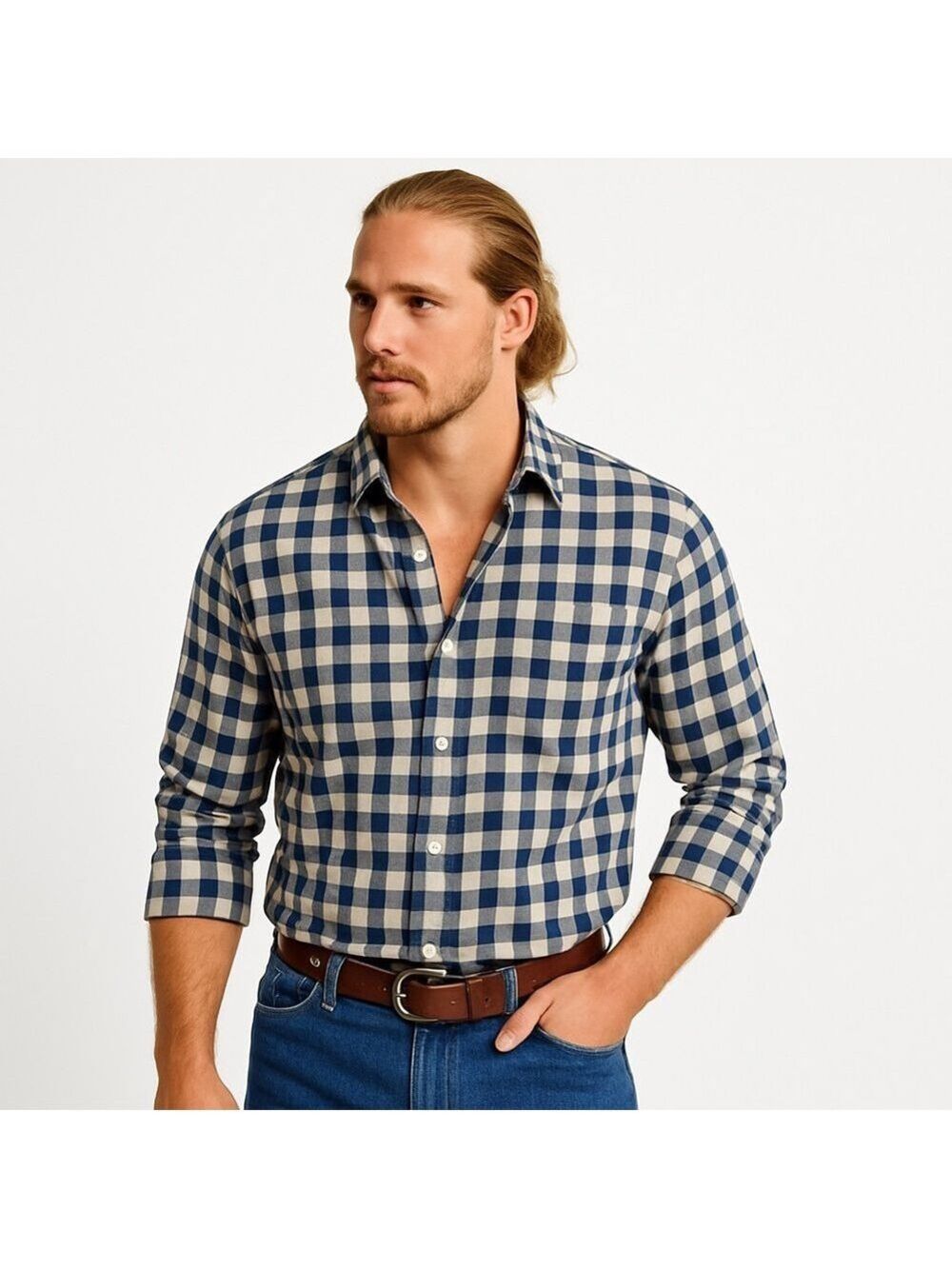 Gap 1969 button down shirt long sleeve plaid blue and ecru white100% cotton XL